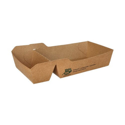 As 80 bandejas de batatas fritas PAPSTAR (papel "puro" 2-dividido, marrom) da PAPSTAR GmbH são bandejas retangulares marrons com divisória, lados inclinados, borda elevada e aviso ecológico lateral "100% Justo" feito de material reciclado.