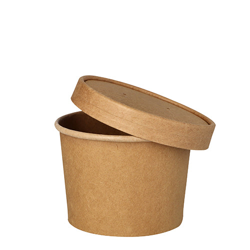 Um copo de sopa redondo e castanho da PAPSTAR (9,8 cm) para sopas e snacks está vazio com a tampa correspondente inclinada para cima sobre fundo branco. Embalagem com 25 peças da PAPSTAR GmbH.