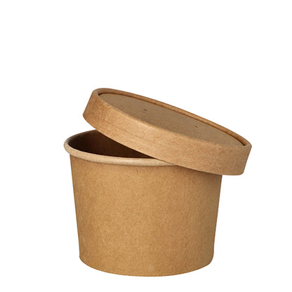 Um copo de sopa redondo e castanho da PAPSTAR (9,8 cm) para sopas e snacks está vazio com a tampa correspondente inclinada para cima sobre fundo branco. Embalagem com 25 peças da PAPSTAR GmbH.