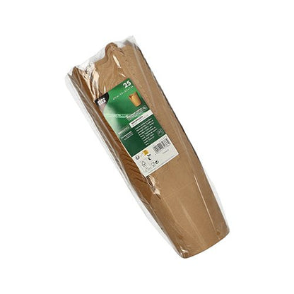 Uma embalagem plástica selada contém 25 caixas de lanche PAPSTAR GmbH, quadradas, marrons, de papelão ecológico. Informações do produto e marca são exibidas em um adesivo verde e branco.