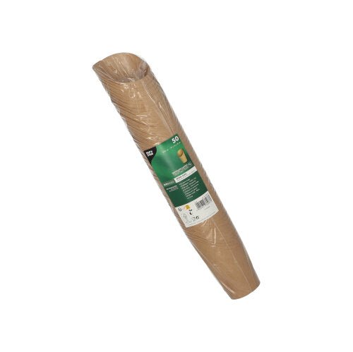 Sobre fundo branco, há um rolo inclinado de 50 Wrap Cups de papelão marrom PAPSTAR (papelão marrom) embalados em filme transparente e com um rótulo verde e branco da PAPSTAR GmbH.