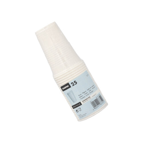 Um pacote de 25 copos de bebida Starpak (PP, 0,2 l, Ø 7,03 cm x 9,9 cm) de plástico transparente com rótulo azul e branco e código de barras, ideal para levar, está ilustrado sobre um fundo branco simples.