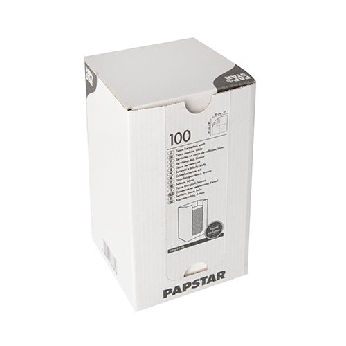 Numa caixa retangular branca com a inscrição "PAPSTAR" encontram-se 100 guardanapos de 2 camadas "PUNTO" (20x20 cm, 1/4 dobra) da PAPSTAR GmbH, impressos de lado com detalhes do produto e uma imagem dos guardanapos, fotografados sobre um fundo branco.