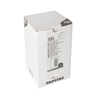 Numa caixa retangular branca com a inscrição "PAPSTAR" encontram-se 100 guardanapos de 2 camadas "PUNTO" (20x20 cm, 1/4 dobra) da PAPSTAR GmbH, impressos de lado com detalhes do produto e uma imagem dos guardanapos, fotografados sobre um fundo branco.