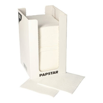 Num dispensador de cartão branco com a inscrição "PAPSTAR GmbH" encontram-se 100 guardanapos PAPSTAR, 2 camadas "PUNTO" 1/4-dobra (20x20 cm), com dois guardanapos parcialmente puxados planos à frente da caixa.