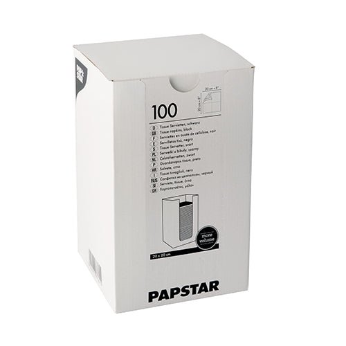 Uma caixa branca com a inscrição "PAPSTAR 100 guardanapos, 2 camadas 'PUNTO' 1/4-dobra 20 cm x 20 cm" da PAPSTAR GmbH contém guardanapos de papel com informações do produto, um logotipo de design PUNTO e um diagrama de abertura impresso na caixa.