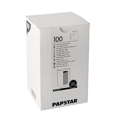Uma caixa branca com a inscrição "PAPSTAR 100 guardanapos, 2 camadas 'PUNTO' 1/4-dobra 20 cm x 20 cm" da PAPSTAR GmbH contém guardanapos de papel com informações do produto, um logotipo de design PUNTO e um diagrama de abertura impresso na caixa.