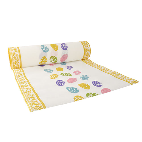 O PAPSTAR caminho de mesa (24 m x 40 cm, Airlaid, semelhante a tecido) da PAPSTAR GmbH é branco com borda amarela e padrões de ovos de Páscoa coloridos – ideal como decoração de mesa elegante para ocasiões festivas.