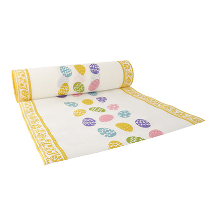 O PAPSTAR caminho de mesa (24 m x 40 cm, Airlaid, semelhante a tecido) da PAPSTAR GmbH é branco com borda amarela e padrões de ovos de Páscoa coloridos – ideal como decoração de mesa elegante para ocasiões festivas.