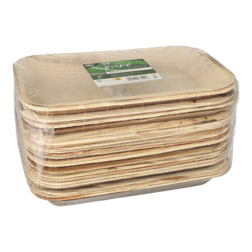 Uma pilha de PAPSTAR 25 tabletes, folha de palmeira "pure" retangulares da PAPSTAR GmbH, embalados em filme transparente com etiqueta verde e branca; estas placas retangulares são biodegradáveis.