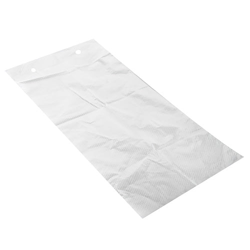 Um saco plano retangular transparente Starpak 2000 de CPP claro como vidro perfurado a chamas, bloqueado a 100 sacos, apresenta dois pequenos buracos redondos na borda superior, apresentado diante de um fundo branco.