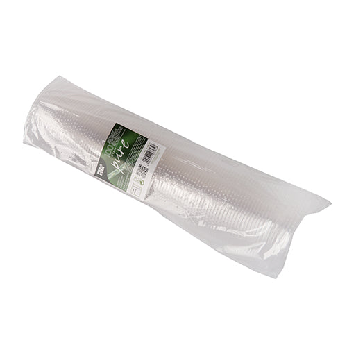 Um pacote com 100 tampas redondas "puras" (Ø 9,5 cm) da PAPSTAR GmbH feitas de PLA transparente e ecológico, com etiqueta verde e branca com texto, código de barras e "biodegradável", em embalagem transparente.