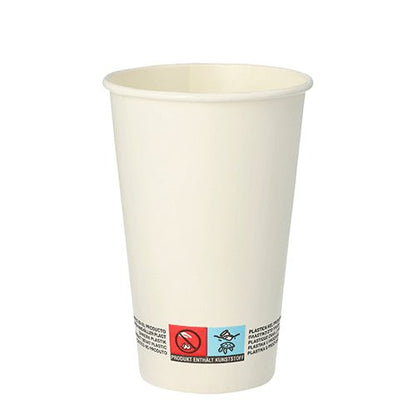 Um simples copo de papel branco PAPSTAR 50 copos descartáveis, papel 0,3 l da PAPSTAR GmbH, feito de papelão resistente com aviso e símbolos de reciclagem na área inferior, ilustrado sobre um fundo branco.