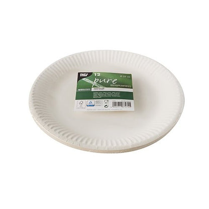 Uma pilha de PAPSTAR 12 pratos, papel "pure" redondos, brancos da PAPSTAR GmbH com etiqueta verde e branca mostra as informações do produto sobre 12 pratos ecológicos feitos de papel reciclado.