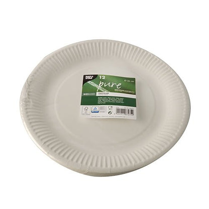 Um pacote com 12 pratos redondos e brancos da PAPSTAR GmbH "pure" feitos de cartão reciclado com etiqueta central verde e informações do produto. Cada prato é empilhável e tem uma borda ligeiramente elevada e ondulada.