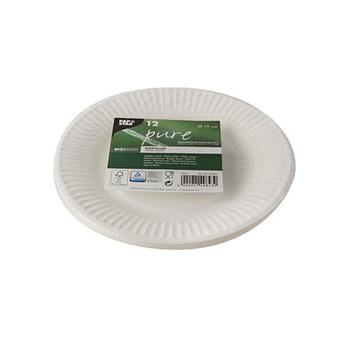 Um pacote com 12 pratos redondos e brancos PAPSTAR "pure" da PAPSTAR GmbH feitos de cartão reciclado com borda estruturada. Estes pratos ecológicos, biobasados e compostáveis ostentam o rótulo verde "pure".