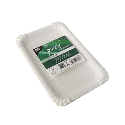 Um pacote com 12 pratos descartáveis retangulares brancos PAPSTAR "pure" (13x20 cm) para festas, com borda elevada e cantos arredondados, da PAPSTAR GmbH. Embalagem ecológica selada com símbolos de reciclagem no rótulo.