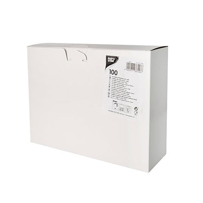 Os Starpak 100 Porta-talheres Airlaid (40 x 48 cm, com dobra para talheres) são entregues em uma caixa retangular branca com tampa simples, dois furos na parte superior, um rótulo '100' na frente, um código de barras e instruções de cuidado - ideal para decoração de mesa.