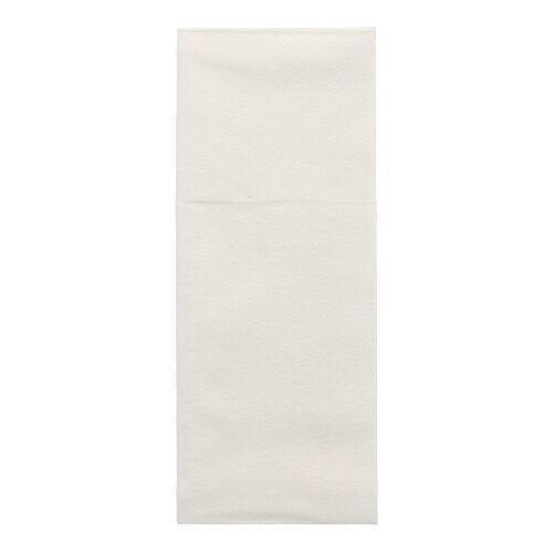 Os Starpak 100 Porta-talheres, Airlaid 40 cm x 48 cm com dobra para talheres, estão dobrados de forma limpa e são apresentados sobre um fundo branco simples - ideal para uma decoração de mesa elegante.