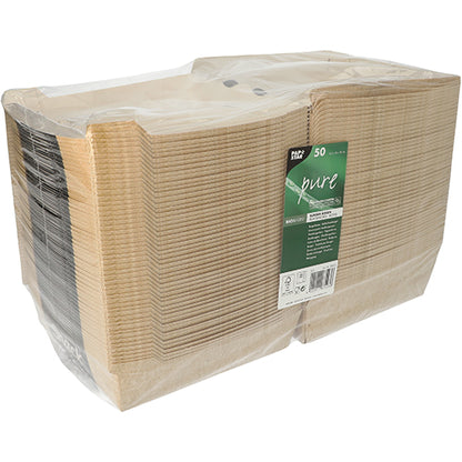 Uma pilha de 50 PAPSTAR caixas de hambúrguer "pure" da PAPSTAR GmbH, de cartão, em plástico transparente com etiqueta verde - a caixa de hambúrguer ecológica para embalagem sustentável.