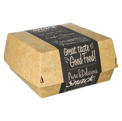 As PAPSTAR 50 caixas de hambúrguer, papelão "pure" "Good Food" da PAPSTAR GmbH é uma caixa de hambúrguer fechada e ecológica com revestimento marrom e letras brancas: "Great taste, Good Food! Pure & Delicious, Snack La Carte", sobre fundo branco.