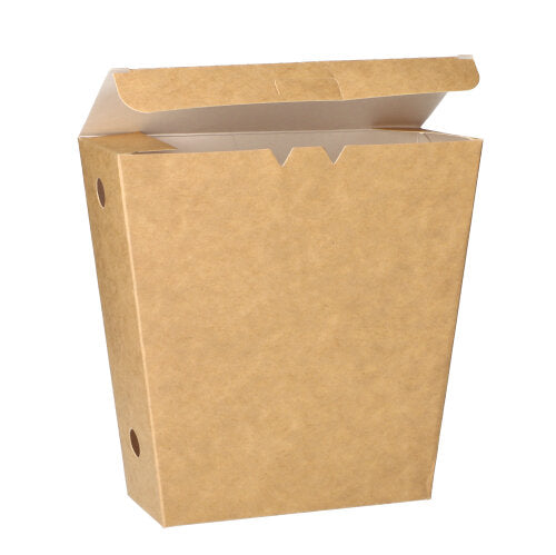 Eine PAPSTAR GmbH 50 Pommes-Frites-Schütte aus brauner Pappe „pure“ (4,3x14,5x11 cm) mit Klappdeckel ist auf einem weißen Hintergrund abgebildet; Der umweltfreundliche Behälter ist teilweise geöffnet.