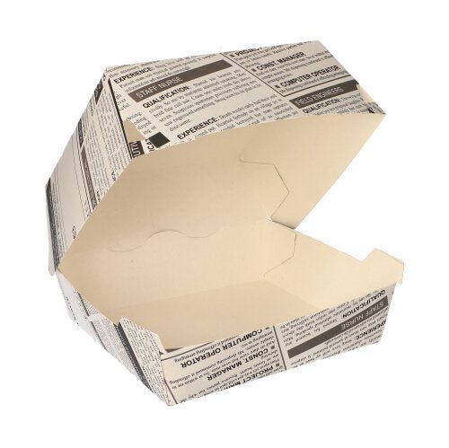 As PAPSTAR caixas de hambúrguer "Newsprint" grandes (7,8x11x11,5 cm, cartão), da PAPSTAR GmbH, são mostradas abertas e vazias com seu design de jornal sobre fundo branco. A embalagem contém 50 unidades em filme retrátil.