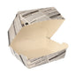 As PAPSTAR caixas de hambúrguer "Newsprint" grandes (7,8x11x11,5 cm, cartão), da PAPSTAR GmbH, são mostradas abertas e vazias com seu design de jornal sobre fundo branco. A embalagem contém 50 unidades em filme retrátil.