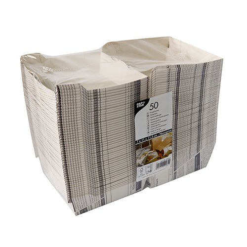 Um pacote selado com 50 PAPSTAR caixas de hambúrguer "Newsprint" grandes (7,8x11x11,5 cm) da PAPSTAR GmbH, feitas de cartão resistente, com motivo de jornal listrado e etiqueta do produto, seladas em filme retrátil semi-transparente.