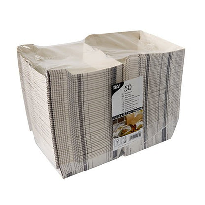 Um pacote selado com 50 PAPSTAR caixas de hambúrguer "Newsprint" grandes (7,8x11x11,5 cm) da PAPSTAR GmbH, feitas de cartão resistente, com motivo de jornal listrado e etiqueta do produto, seladas em filme retrátil semi-transparente.