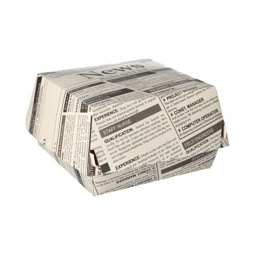 As PAPSTAR caixas de hambúrguer "Newsprint" grandes (7,8x11x11,5 cm, cartão | filme retrátil, 50 unidades) da PAPSTAR GmbH são recipientes alimentares fechados com motivo de jornal preto e branco sobre fundo branco sólido.