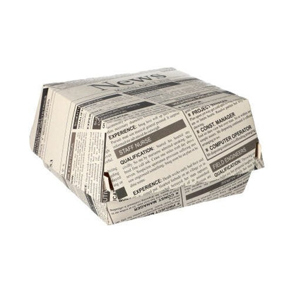As PAPSTAR caixas de hambúrguer "Newsprint" grandes (7,8x11x11,5 cm, cartão | filme retrátil, 50 unidades) da PAPSTAR GmbH são recipientes alimentares fechados com motivo de jornal preto e branco sobre fundo branco sólido.