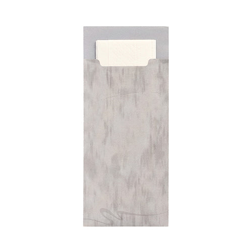 Um porta-talheres cinza PAPSTAR 520 (20x8,5 cm, 2 camadas) da PAPSTAR GmbH de material texturizado com um guardanapo branco correspondente, parcialmente visível no topo.