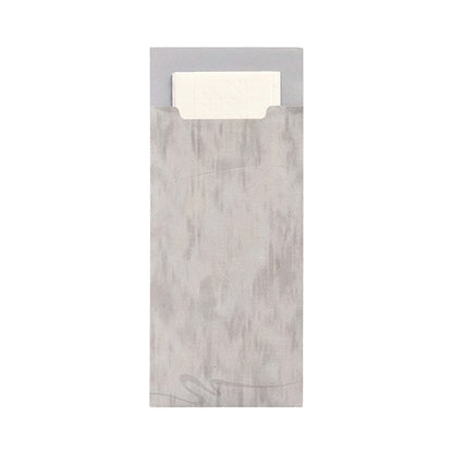 Um porta-talheres cinza PAPSTAR 520 (20x8,5 cm, 2 camadas) da PAPSTAR GmbH de material texturizado com um guardanapo branco correspondente, parcialmente visível no topo.