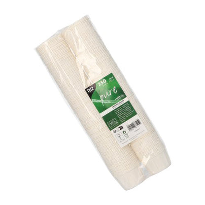 Um pacote com 250 copos de molho de papel redondo branco "pure" de PAPSTAR da PAPSTAR GmbH, certificado FSC, embalado de forma sustentável em plástico e com etiqueta de informações do produto em verde e branco.