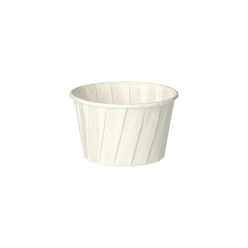 O copo de molho PAPSTAR redondo, 6,6 cm, branco, papel "puro" (100 unidades) da PAPSTAR GmbH é um copo de papel dobrável e ecológico para especiarias ou molhos, exibido vazio sobre um fundo branco simples.