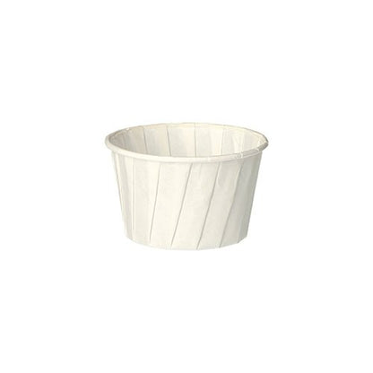 O copo de molho PAPSTAR redondo, 6,6 cm, branco, papel "puro" (100 unidades) da PAPSTAR GmbH é um copo de papel dobrável e ecológico para especiarias ou molhos, exibido vazio sobre um fundo branco simples.