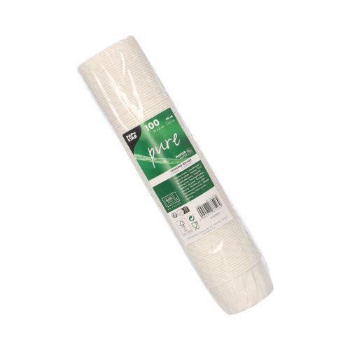 Um pacote selado com 100 copos de molho PAPSTAR redondos, 6,6 cm, branco, copos de papel "puro" da PAPSTAR GmbH - ideal para servir de forma ecológica; cada copo comporta 90 ml e o rótulo verde e branco mostra informações do produto.