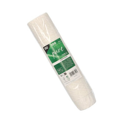 Um pacote selado com 100 copos de molho PAPSTAR redondos, 6,6 cm, branco, copos de papel "puro" da PAPSTAR GmbH - ideal para servir de forma ecológica; cada copo comporta 90 ml e o rótulo verde e branco mostra informações do produto.