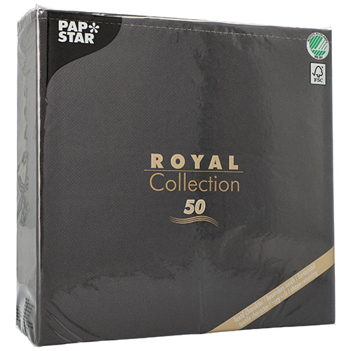 Um pacote preto da PAPSTAR GmbH com a inscrição "ROYAL Collection 50" (48 x 48 cm, 1/4-dobrado) mostra texto dourado e branco, um símbolo de reciclagem verde no canto superior direito e contém 50 guardanapos de alta qualidade.