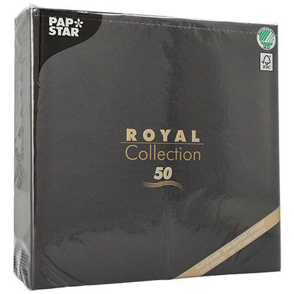 Um pacote preto da PAPSTAR GmbH com a inscrição "ROYAL Collection 50" (48 x 48 cm, 1/4-dobrado) mostra texto dourado e branco, um símbolo de reciclagem verde no canto superior direito e contém 50 guardanapos de alta qualidade.