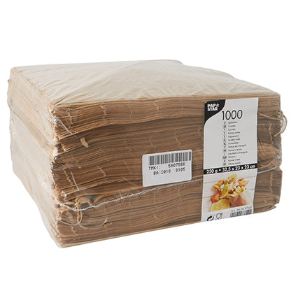 Um pacote com 1000 PAPSTAR cones de papel (substituto de pergaminho, à prova de gordura) da PAPSTAR GmbH - perfeito para gastronomia ou embalagem de batatas fritas, selado em plástico transparente com rótulo informativo branco.