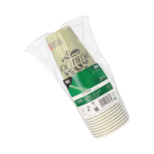 Um pacote de 20 copos de papel verde "Pure Joy" PAPSTAR embalado em plástico (Ø 8 cm, 11,7 cm de altura) da PAPSTAR GmbH, empilhados com uma etiqueta verde-branca contendo informações do produto, símbolos de reciclagem e um código de barras.