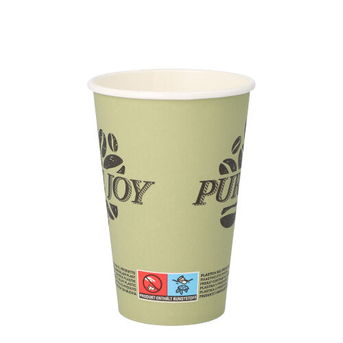 Um copo de papel verde-claro PAPSTAR GmbH "Pure Joy" (Ø 8 cm, 11,7 cm de altura, 20 unidades) com a inscrição "ENJOY" em preto, motivo de grãos de café e uma etiqueta de aviso vermelho-azul na parte inferior com informações sobre o conteúdo de plástico.