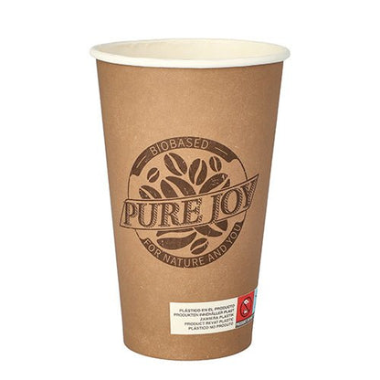 Um copo de papel PAPSTAR 20 (0,4 l) da PAPSTAR GmbH com o logotipo "PURE JOY" e um grão de café, marcado como biodegradável. Embaixo, uma etiqueta branca com símbolo de aviso vermelho destaca o design ecológico.
