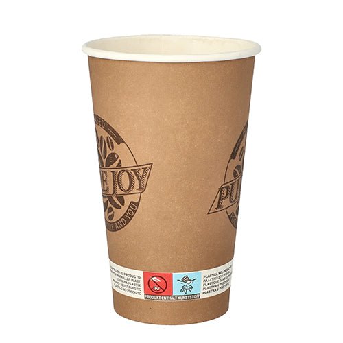 O PAPSTAR 20 copo de papel (0,4 l) de papelão marrom, biodegradável da PAPSTAR GmbH exibe logotipos e símbolos de aviso, possui interior branco e é apresentado sem tampa sobre um fundo branco.