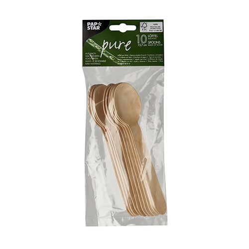 Em uma embalagem transparente encontram-se 10 colheres de café de madeira "pure" da PAPSTAR GmbH com etiqueta verde-branca com a inscrição "Pure" e "10 colheres, madeira" além de informações da marca.