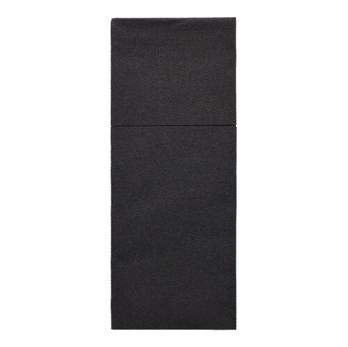 Os Starpak 100 Porta-talheres, guardanapos Airlaid pretos (40x48 cm) com dobra para talheres, são perfeitos para uma decoração de mesa estilosa e apresentação de porta-talheres sobre um fundo branco.