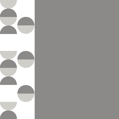 Ein geometrisches Design mit einem großen grauen Quadrat, einem weißen Streifen und sich wiederholenden grau/weißen Kreisen ziert PAPSTAR 20 Servietten (40x40 cm, 3-lagig, 1/4-Falz) der PAPSTAR GmbH.