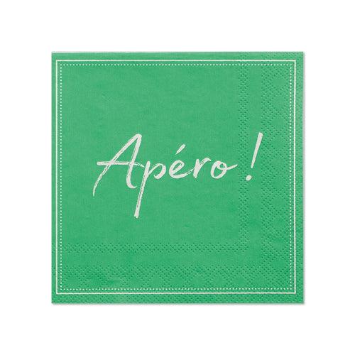 Os PAPSTAR 20 guardanapos (25x25 cm, 3 camadas, 1/4 de dobra) da PAPSTAR GmbH apresentam um design verde com costura branca e a inscrição "Apéro!" – ideal para decoração de mesa elegante em qualquer reunião.
